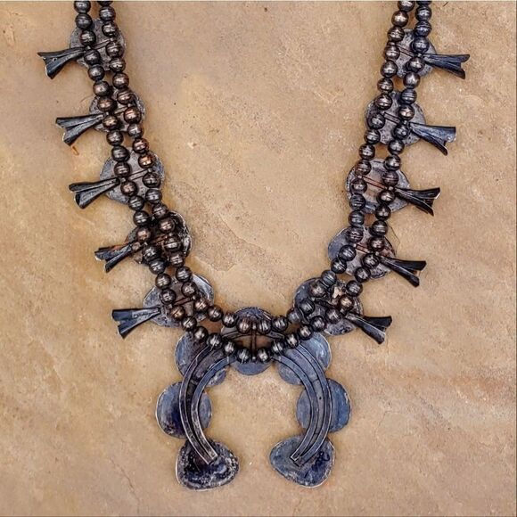 Vintage Old Pawn Green Blue Turquoise Squash Blossom Necklace - Picture 9 of 10